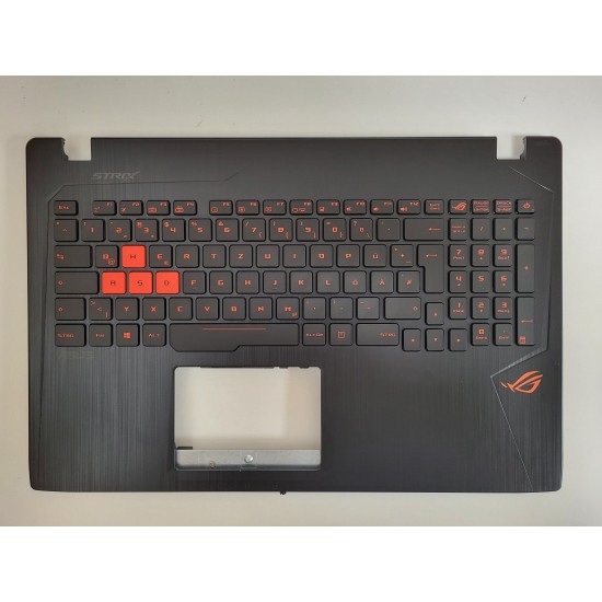 Carcasa superioara cu tastatura palmrest Laptop, Asus, ROG GL553VW, 90NB0DC1-R30130, iluminata, conector 4 pini, taste portocalii, layout DE (germana) Carcasa Laptop