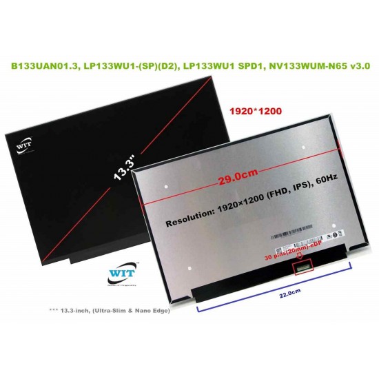 Display Laptop, Dell, Inspiron 13 5310, P145G, P145G001, 04GKRC, 4GKRC, 0C1H8T, C1H8T, B133UAN01.0, 13.3 inch, FHD, 1920x1200, IPS, conector ingust, 40 pini