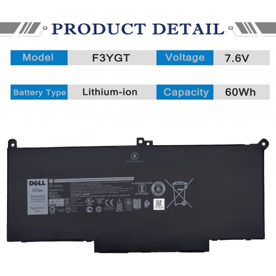 Baterie Laptop, Dell, Latitude 7280, 7290, 7380, 7390, 7480, 7490, F3YGT, 0F3YGTY, 7.6V, 7500mAh, 60Wh