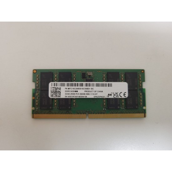 Memorie Laptop, Micron, 32GB, 5600Mhz, PC5-5600B-SB0, Sodimm DDR5, CL46, 1.1V, MTC20C2085S1TC56BR