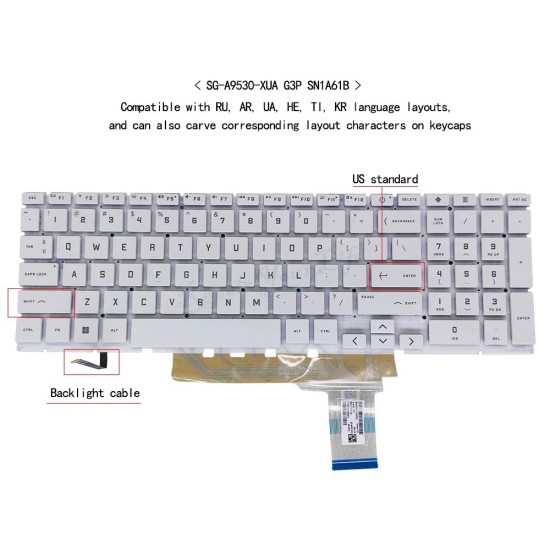 Tastatura Laptop Gaming, HP, Victus 15-FA, 15T-FA, TPN-Q278, iluminata, alba, layout US