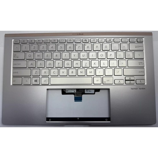 Carcasa superioara cu tastatura palmrest Laptop, Asus, ZenBook 14 UX433F, UX433FA, UX433FN, UX433FAC, 90NB0JQ4-R32UI0, 90NB0JQ4-R32UA, 90NB0JQ4-R32US, UX433FN-2S, 13N1-60A0H31, iluminata, argintie, layout US