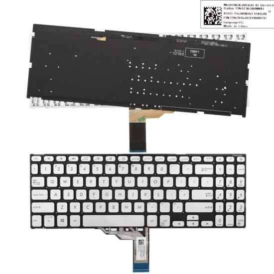 Tastatura Laptop, Asus, VivoBook 15 P1504D, P1504DA, P1504F, P1504FA, P1504J, P1504JA, P1504U, P1504UA, iluminata, argintie, layout US