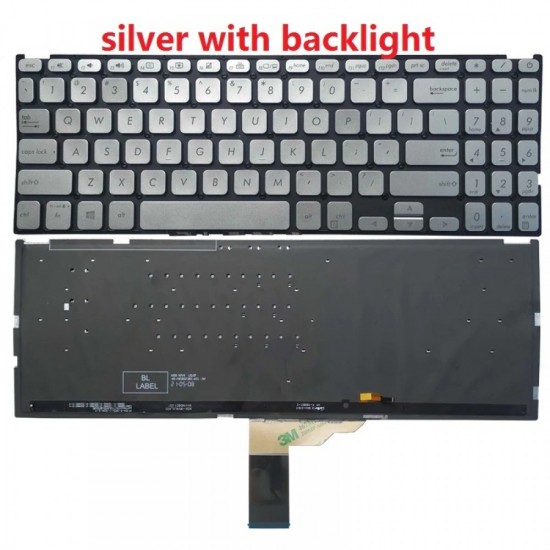 Tastatura Laptop, Asus, VivoBook 15 P1504D, P1504DA, P1504F, P1504FA, P1504J, P1504JA, P1504U, P1504UA, iluminata, argintie, layout US