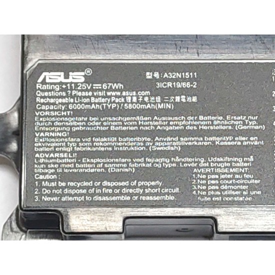 Baterie Laptop Gaming, Asus, ROG G752V, G752VL, G752VM, G752VT, 0B110-00370000, 3ICR19/66-2, A32LM9H, A32N1511, 11.25V, 6700mAh, 67Wh, 10.8V, 6700mAh, 72Wh