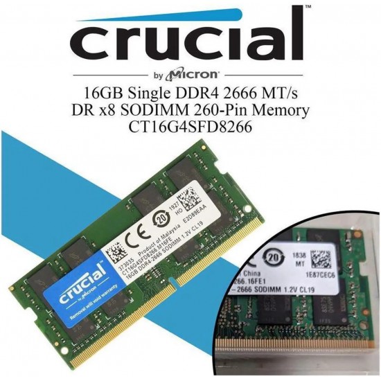 Memorie ram Laptop Crucial 16GB, DDR4, 2Rx8, PC4-2666V, 2666Mhz, CT16G4S266M.M16FE, PC4-21300, CL19, Non-ECC, sodimm, 260 pini