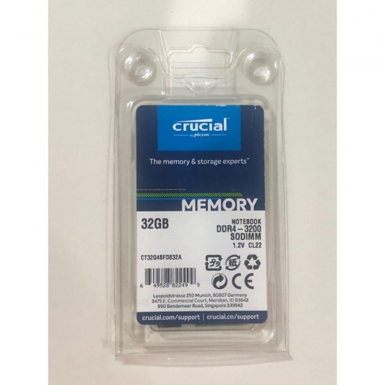 Memorie ram Laptop Crucial 32GB, DDR4, 2Rx8, PC4-3200AA, 3200Mhz, CT32G4SFD832A, PC4-25600, CL22, Non-ECC, sodimm, 260 pini