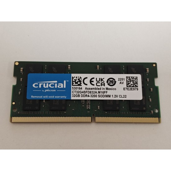 Memorie ram Laptop Crucial 32GB, DDR4, 2Rx8, PC4-3200AA, 3200Mhz, CT32G4SFD832A, PC4-25600, CL22, Non-ECC, sodimm, 260 pini