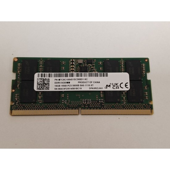 Memorie ram Laptop, Lenovo, FRU SM31L87486, SM31L87486, Micron 16GB, DDR5, 1Rx8, 5600Mhz, PC5-5600B, MTC8C1084S1SC56BD1 KC, PC5-44800, CL40, Non-ECC, sodimm, 262 pini