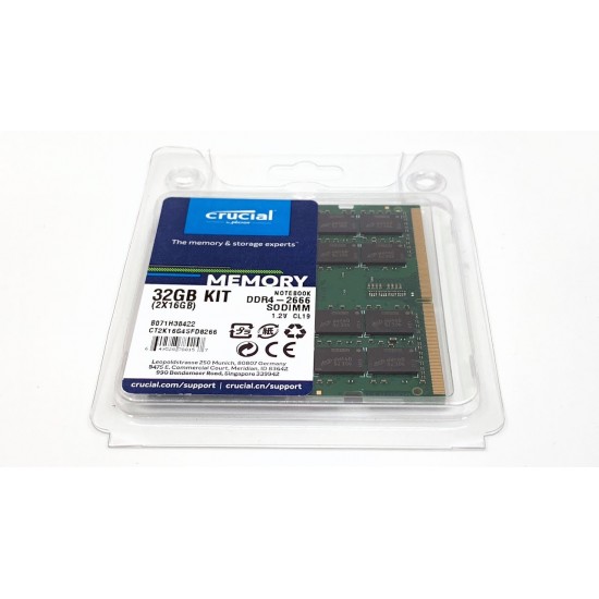 Memorie laptop Crucial 32GB, DDR4, 2666MHz, CL19, 1.2v, Dual Ranked x8, Dual Channel Kit CT2K16G4SFD8266 Memorie RAM Noua