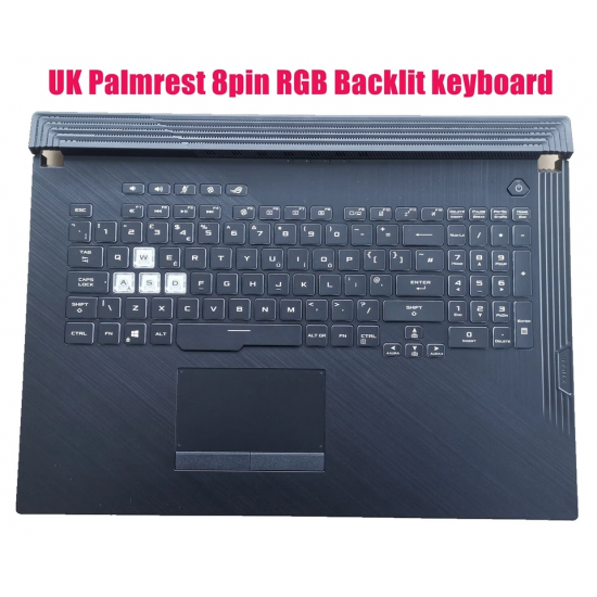 Carcasa superioara cu tastatura palmrest Laptop Gaming, Asus, ROG Strix G G731G, G731GT, G731GU, 90NR01T3-R33UK0, G731GU-1C, 13N1-9BA0911, 13NR01Q3AP0311, iluminata, conector RGB 8 pini, conector touchpad 8 pini, layout UK