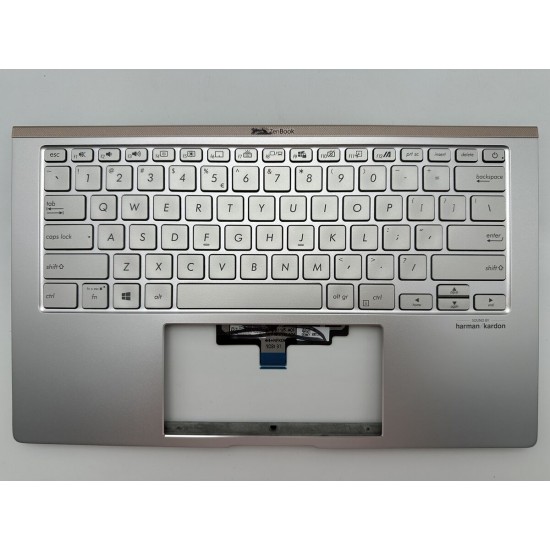 Carcasa superioara cu tastatura palmrest Laptop, Asus, ZenBook 14 UM433D, UM433DA, 90NB0PD6-R31US1, 13N1-A6A0302, UX434DA-2S, iluminata, argintie, layout US