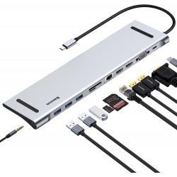 Statie de andocare Docking Station Baseus 11 in 1 (2024) USB-C pentru 3 monitoare cu 2 x HDMI, 4K, 1 VGA, 3 X USB 3.0, cititor de carduri SD/TF, Ethernet 1Gbps, audio 3.5mm, hub USB C pentru MacBook Pro/Air, pentru PC