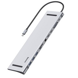 Statie de andocare Docking Station Baseus 11 in 1 (2024) USB-C pentru 3 monitoare cu 2 x HDMI, 4K, 1 VGA, 3 X USB 3.0, cititor de carduri SD/TF, Ethernet 1Gbps, audio 3.5mm, hub USB C pentru MacBook Pro/Air, pentru PC