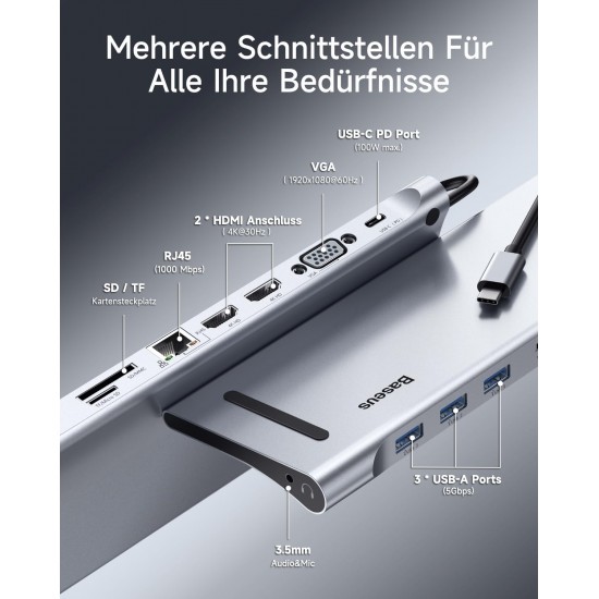 Statie de andocare Docking Station Baseus 11 in 1 (2024) USB-C pentru 3 monitoare cu 2 x HDMI, 4K, 1 VGA, 3 X USB 3.0, cititor de carduri SD/TF, Ethernet 1Gbps, audio 3.5mm, hub USB C pentru MacBook Pro/Air, pentru PC