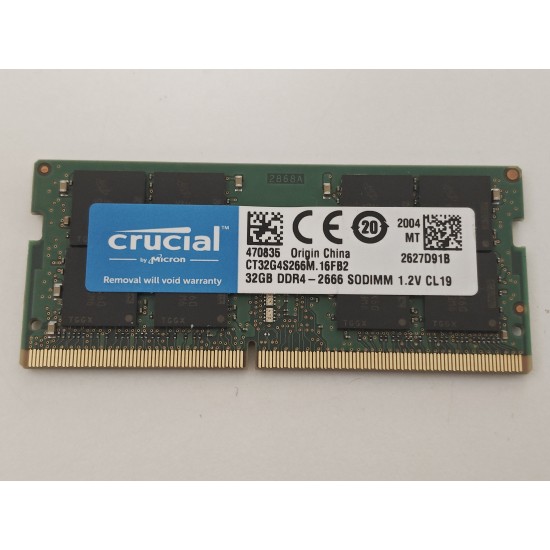 Memorie Ram Laptop Micron Crucial 32GB, DDR4, 2Rx8, PC4-2666V-SE1-11, 2666Mhz, MTA16ATF4G64HZ-2G6B2, CT32G4S266M.16FB2, PC4-21300, CL19, 1.2V, Non-ECC, sodimm, 260 pini