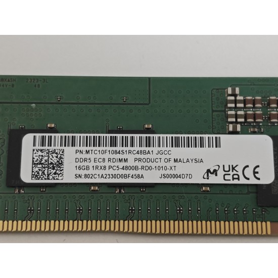 Memorie Ram Server Micron 16GB, DDR5, 1Rx8, PC5-4800B-RD0-1010-XT, 4800Mhz, MTC10F1084S1RC48BA1, PC5-38400, CL40, 1.1V, ECC REG, RDIMM, 288 pini