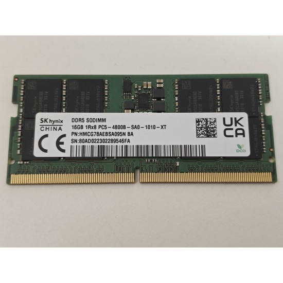 Memorie Ram Laptop SK Hynix 16GB, DDR5, 1Rx8, PC5-4800B-SA0-1010-XT, 4800Mhz, HMCG78AEBSA095N, PC5-38400, CL40, 1,1V, Non-ECC, sodimm, 262 pini
