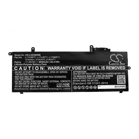 Baterie compatibila Laptop, Lenovo, ThinkPad 01AV470, 01AV471, 01AV472, 5B10W13920, 5B10W13921, 5B10W13922, SB10T83165, SB10K97617, SB10K97618, L17C6P71, L17L6P71, L17M6P71, CS-LVX280NB, 11.46V, 4050mAh, 46.41Wh