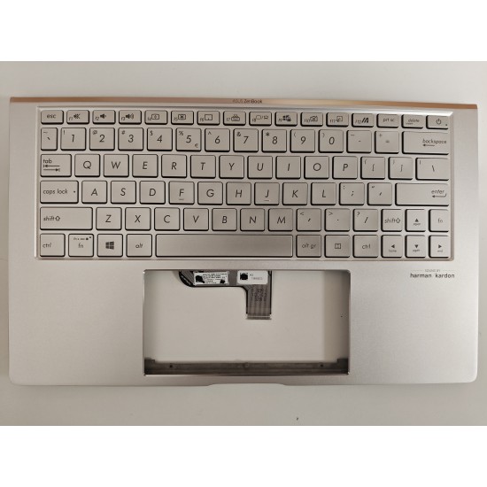 Carcasa superioara cu tastatura palmrest Laptop, Asus, ZenBook 13 UX334F, UX334FA, UX334FAC, UX334FL, UX334FLC, 90NB0MW7-R31UI0, 90NB0MW7-R31US0, 13N1-96A0Q11, UX334FL-3S, iluminata, argintie, layout US