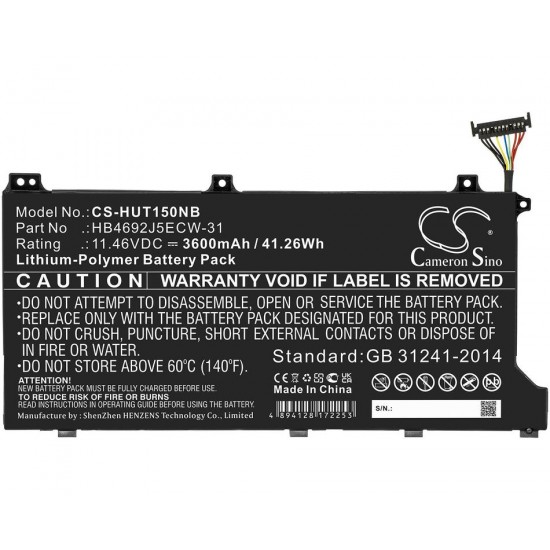 Baterie compatibila Laptop, Huawei, MateBook D15 BOB-WAE9P, BOB-WAH9, BoH-WAQ9R, CS-HUT150NB, 3ICP5/62/81, HB4692J5ECW-31, 11.46V, 3600mAh, 41.26Wh