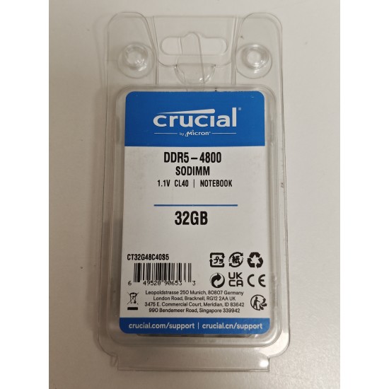 Memorie Ram Laptop, Crucial 32GB, DDR5, 2Rx8, PC5-4800Mhz, 1.1V, CL40, PC5-38400, CT32G48C40S5.C16A1, Non-ECC, sodimm, 262 pini