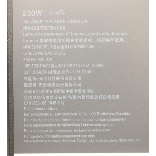 Incarcator Laptop, Lenovo, ADL230SCC3A, ADL230SDC3A, ADL230SLC3A, ADL230SCC3D, 02DL142, 02DL143, 02DL144, 5A11F20726, SA10R16890, SA10R16888, SA10R16889, SA11F20727, 20V, 11.5A, 230W, mufa USB Square