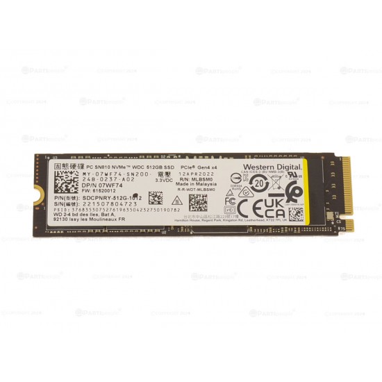 Solid State Drive (SSD) Western Digital (WD), 512GB, PCIe 4.0 x 4, NVMe M.2, SN810, SDCPNRY-512G-1012, 07WF74, 6000 MB/s, 4000 MB/s, Laptop/Desktop