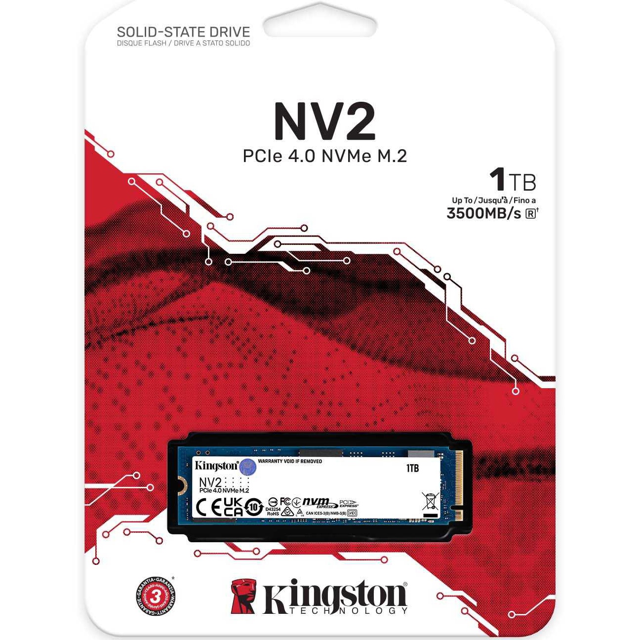 Kingston 1024GB M.2 2280 SSD　1TB Solid State Drive (SSD) Kingston, NV2, 1TB, PCIe Gen 4.0 x 4, NVMe