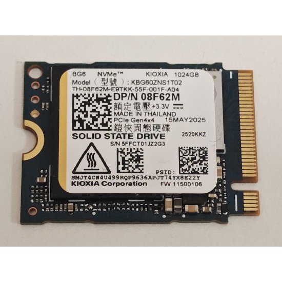 Solid State Drive (SSD) Laptop Kioxia, KBG60ZNS1T02, 1TB, PCIe Gen 4 x4, M.2 format 2230, 08F62M, 6000MB/S, 5300MB/S