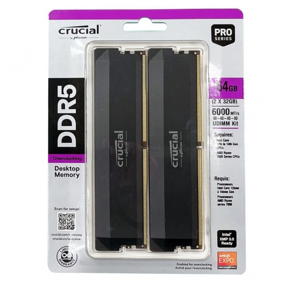Memorie RAM Crucial Pro Overclocking 64GB (2x32GB), DDR5, 6000Mhz, PC5-48000U, UDIMM, CL40, Dual Kit, CP2K32G60C40U5B, Intel XPM 3.0/AMD EXPO, 1.35V, 288-pin, Desktop/PC