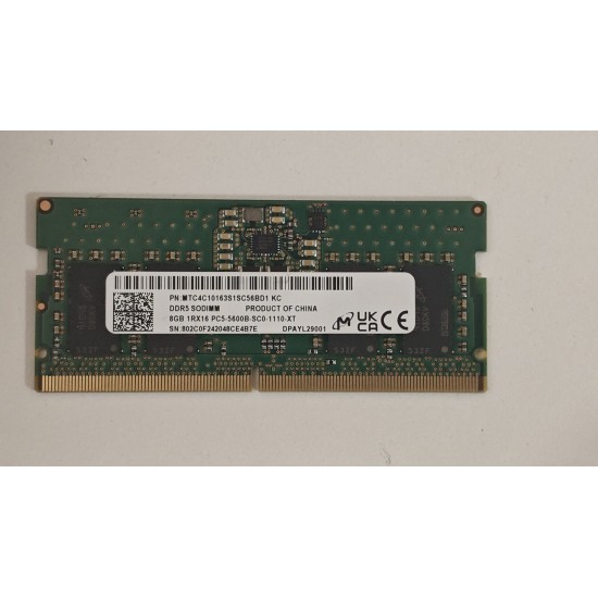 Memorie ram Laptop Micron 8GB, DDR5, 1Rx16, 5600Mhz, MTC4C10163S1SC56BD1, PC5-5600B, CL46, 1.1V, Non-ECC, sodimm, 262 pini, bulk