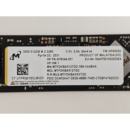 Solid State Drive (SSD) Micron, 512GB, PCIe Gen 4.0 x 4, NVMe M.2, MTFDKBA512TGD-1BK1AABHA, 8000 MB/s, 4100 MB/s, Laptop/Desktop