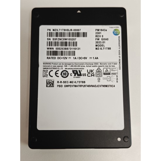 Solid State Drive (SSD) Samsung, 1.92TB, SAS 12Gbps, PM1643a, MZILT1T9HBJR-00007, 2100 MB/s, 1800 MB/s, Server, bulk