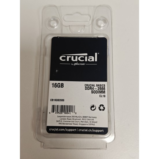 Memorie Ram Laptop, Crucial 16GB, DDR4, 2666Mhz, 1Rx8, 1.2V, CL17, PC4-21300, CB16GS2666.C8FT, Non-ECC, sodimm, 260 pini