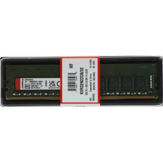 Memorie PC Desktop Kingston ValueRAM, 32GB, DDR4, 1Rx16, 3200Mhz, CL22, 1.2V, KVR32N22D8/32, PC4-25600, DIMM, Non-ECC, 288Pin