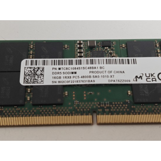 Memorie ram Laptop Micron 16GB, DDR5, 1Rx8, 4800Mhz, PC5-4800B, MTC8C1084S1SC48BA1 BC, PC5-4800B, CL40, 1.1V, Non-ECC, sodimm, 262 pini