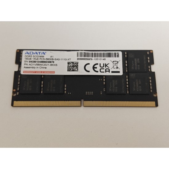 Memorie ram Laptop ADATA 16GB, DDR5, 1Rx8, 5600Mhz, PC5-4800B, AO1V56WCSV1-BKXS, PC5-44800, CL46, 1.1V, Non-ECC, sodimm, 262 pini