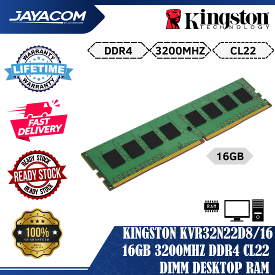 Memorie ram PC Desktop, Kingston, 16GB, DDR4, 3200Mhz, CL22, KVR32N22D8/16, PC4-25600, 1.20V