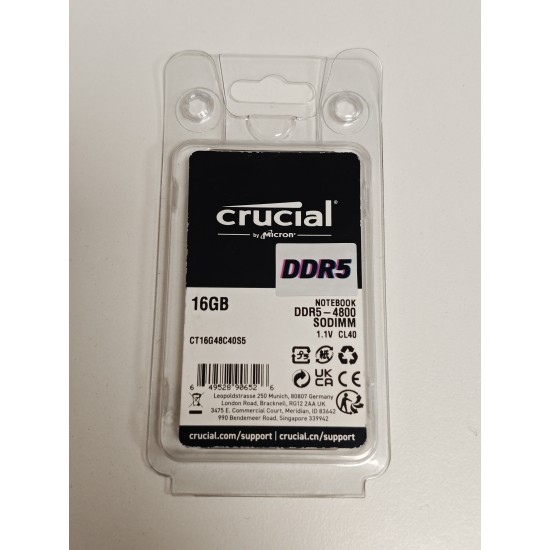 Memorie ram Laptop Crucial 16GB, DDR5, 1Rx8, 4800Mhz, PC5-4800B, CT16G48C40S5, PC5-38400, CL40, 1.1V, Non-ECC, sodimm, 262 pini