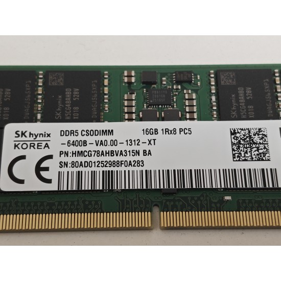 Memorie Ram Laptop SK Hynix 16GB, DDR5, 6400Mhz, 1Rx8, HMCG78AHBVA315N BA, PC5-6400B, CL52, 1.1V, Non-ECC, CSODIMM, 262 pini