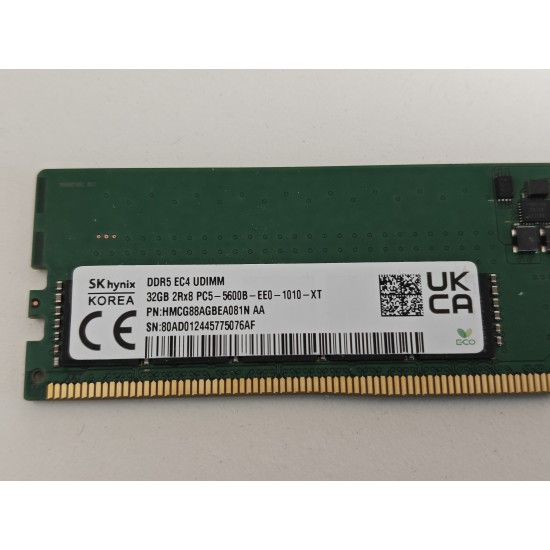 Memorie Ram Server SK Hynix 32GB, DDR5, 2Rx8, PC5-5600B, 5600Mhz, HMCG88AGBEA081N AA, PC5-44800, CL46, 1.1V, ECC, UDIMM, 288 pini
