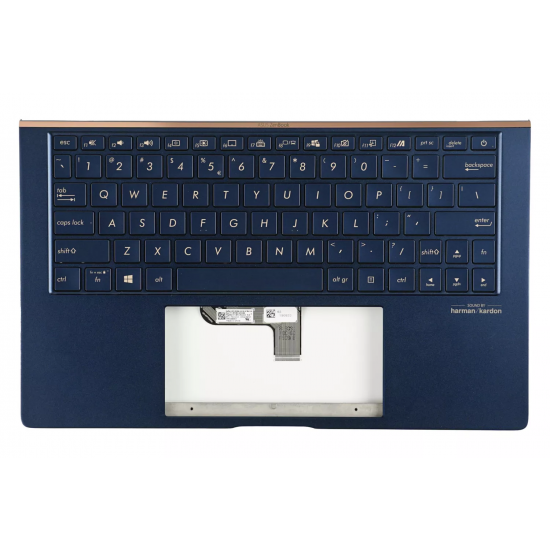 Carcasa superioara cu tastatura palmrest Laptop, Asus, ZenBook 13 UX334F, UX334FA, UX334FAC, UX334FL, UX334FLC, 90NB0MX3-R31UI0, 90NB0MX3-R31US0, 13N1-96A0F11, UX334FA-3B, iluminata, albastra, layout US