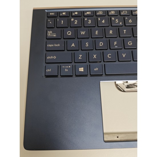Carcasa superioara cu tastatura palmrest Laptop, Asus, ZenBook 13 UX334F, UX334FA, UX334FAC, UX334FL, UX334FLC, 90NB0MX3-R31UI0, 90NB0MX3-R31US0, 13N1-96A0F11, UX334FA-3B, iluminata, albastra, layout US