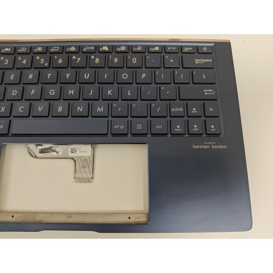 Carcasa superioara cu tastatura palmrest Laptop, Asus, ZenBook 13 UX334F, UX334FA, UX334FAC, UX334FL, UX334FLC, 90NB0MX3-R31UI0, 90NB0MX3-R31US0, 13N1-96A0F11, UX334FA-3B, iluminata, albastra, layout US