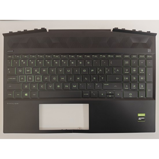Carcasa superioara cu tastatura palmrest Laptop Gaming, HP, Pavilion 15-DK, 15T-DK, TPN-C141, AP2K8000310, L57593-271, L57593-001, AP2K8000310, AM2K8000400, iluminata, verde, US, SH