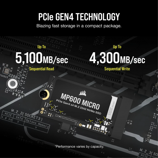 Solid State Drive (SSD) Corsair, MP600 Micro 1TB, PCIe Gen 4.0 x 4, NVMe M.2 2242, CSSD-F100GBMP600MCR, 5100 MB/s, 4300 MB/s, Laptop/Desktop