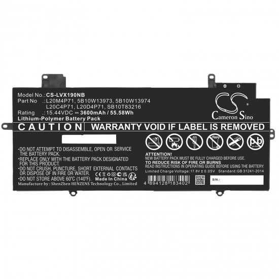 Baterie compatibila Laptop, Lenovo, ThinkPad X1 Carbon 9th Gen Type 20XW, 20XX, CS-LVX190NB, 15.44V, 3600mAh, 55.58Wh