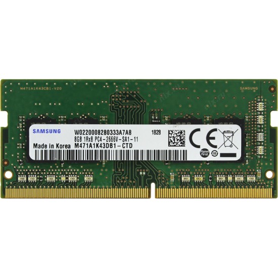 Memorie ram Laptop Samsung, 8GB, DDR4, 2666Mhz, 1Rx8, PC4-2666V, CL19, M471A1K43DB1-CTD, PC4-21300, 1.2V, non-ECC, Unbuffered, SODIMM, 260 pini