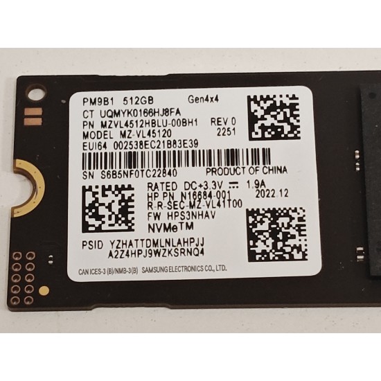 Solid State Drive (SSD) Samsung PM9B1, 512GB, PCIe Gen 4.0 x 4, NVMe M.2 2280, MZ-VL45120, 3500 MB/s, 2500 MB/s, Laptop/Desktop